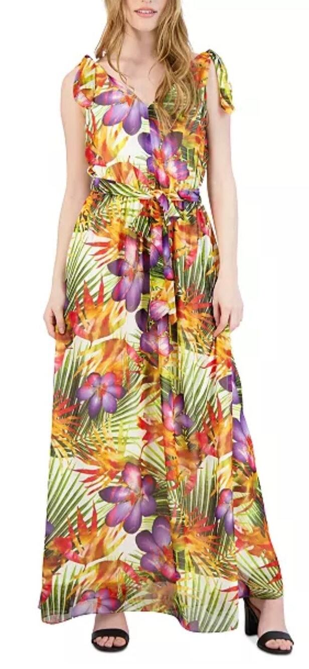 Donna Ricco Tropical Printed Tie Shoulder Maxi Dress 12 NWT